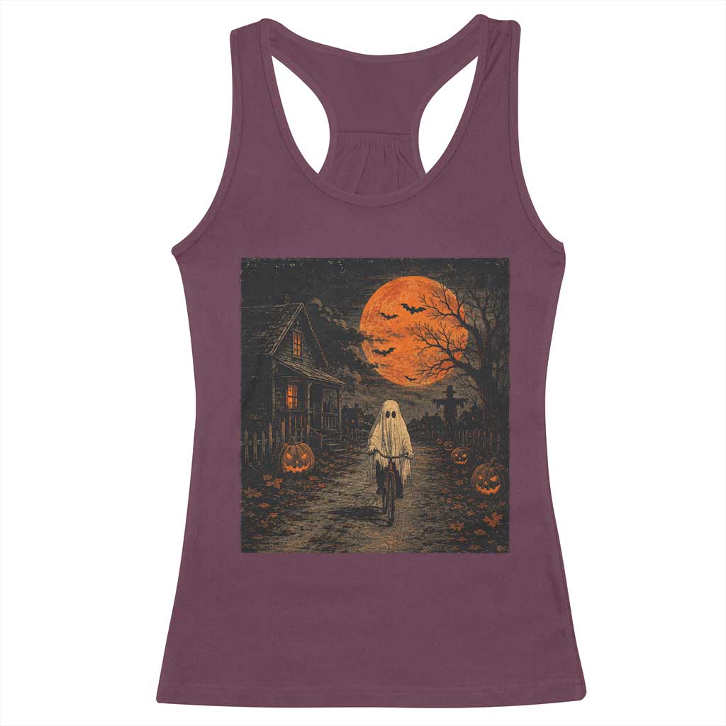 Halloween Spooky Ghost Biking Racerback Tank Top Vintage Ghost Riding Bicycle Gothic Moonlit Pumpkin Autumn Graphic