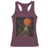 Halloween Spooky Ghost Biking Racerback Tank Top Vintage Ghost Riding Bicycle Gothic Moonlit Pumpkin Autumn Graphic