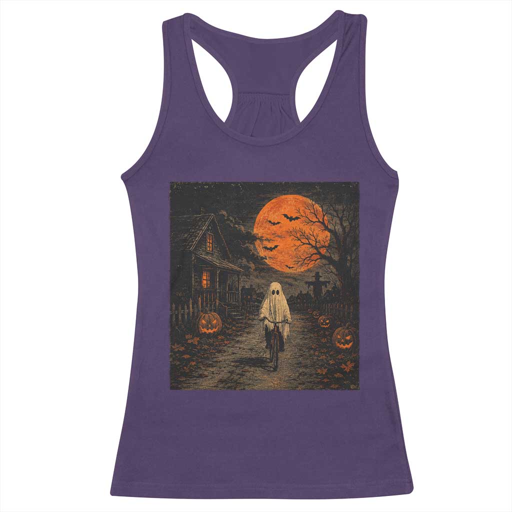 Halloween Spooky Ghost Biking Racerback Tank Top Vintage Ghost Riding Bicycle Gothic Moonlit Pumpkin Autumn Graphic