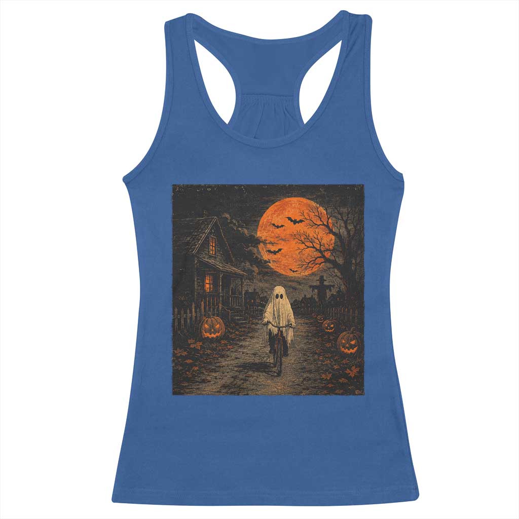 Halloween Spooky Ghost Biking Racerback Tank Top Vintage Ghost Riding Bicycle Gothic Moonlit Pumpkin Autumn Graphic