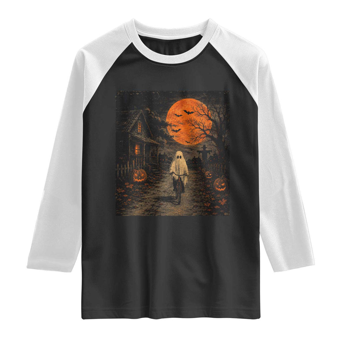 Halloween Spooky Ghost Biking Raglan Shirt Vintage Ghost Riding Bicycle Gothic Moonlit Pumpkin Autumn Graphic