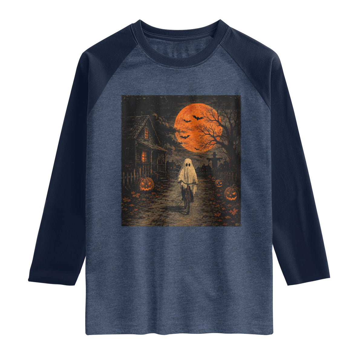 Halloween Spooky Ghost Biking Raglan Shirt Vintage Ghost Riding Bicycle Gothic Moonlit Pumpkin Autumn Graphic