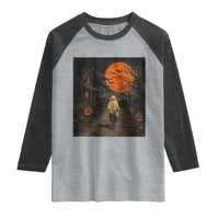 Halloween Spooky Ghost Biking Raglan Shirt Vintage Ghost Riding Bicycle Gothic Moonlit Pumpkin Autumn Graphic