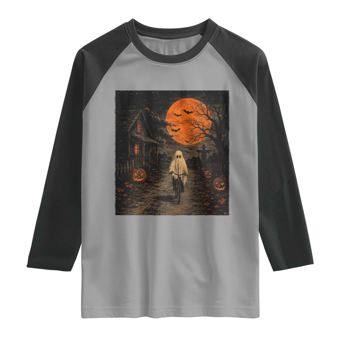 Halloween Spooky Ghost Biking Raglan Shirt Vintage Ghost Riding Bicycle Gothic Moonlit Pumpkin Autumn Graphic