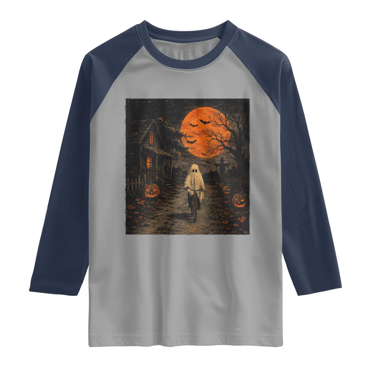 Halloween Spooky Ghost Biking Raglan Shirt Vintage Ghost Riding Bicycle Gothic Moonlit Pumpkin Autumn Graphic