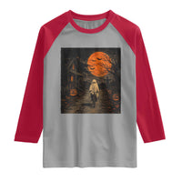 Halloween Spooky Ghost Biking Raglan Shirt Vintage Ghost Riding Bicycle Gothic Moonlit Pumpkin Autumn Graphic