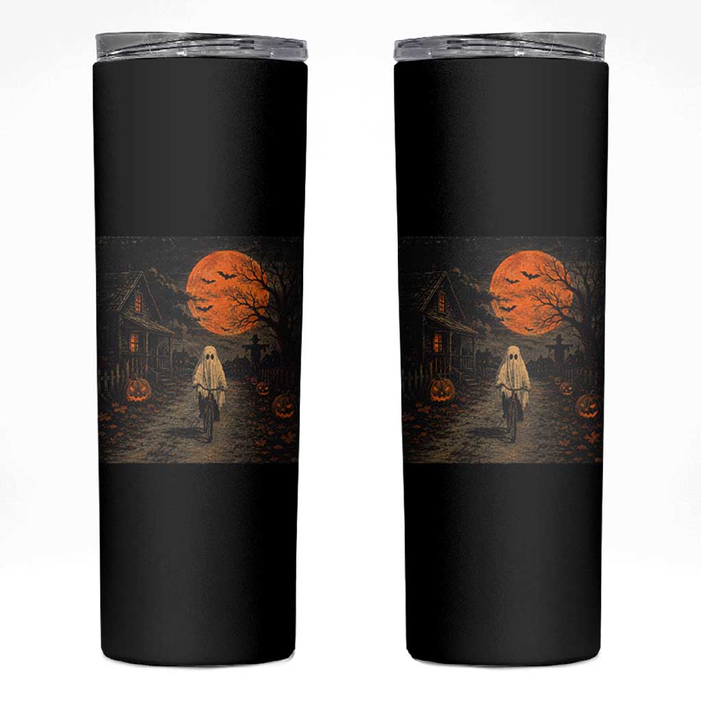 Halloween Spooky Ghost Biking Skinny Tumbler Vintage Ghost Riding Bicycle Gothic Moonlit Pumpkin Autumn Graphic