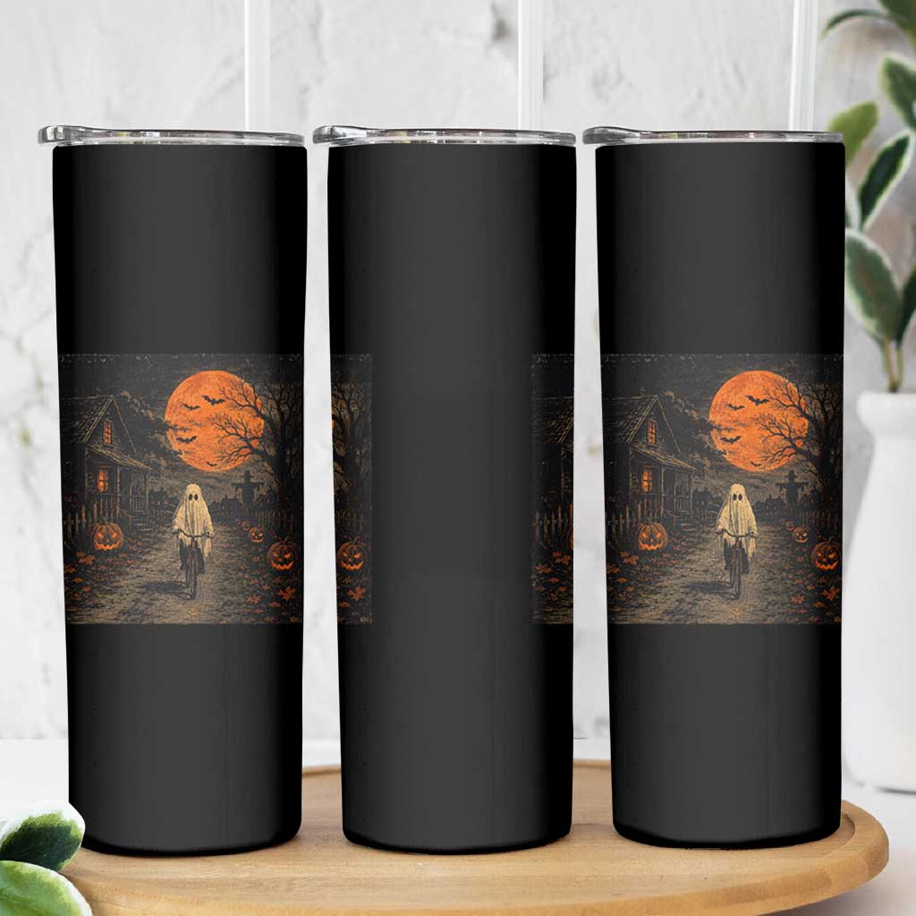 Halloween Spooky Ghost Biking Skinny Tumbler Vintage Ghost Riding Bicycle Gothic Moonlit Pumpkin Autumn Graphic
