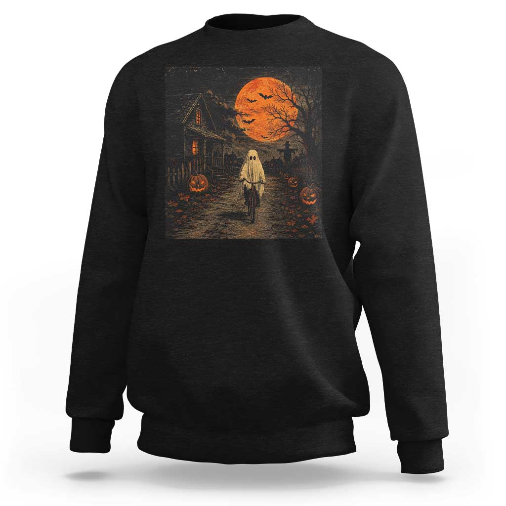 Halloween Spooky Ghost Biking Sweatshirt Vintage Ghost Riding Bicycle Gothic Moonlit Pumpkin Autumn Graphic