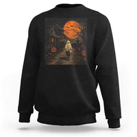 Halloween Spooky Ghost Biking Sweatshirt Vintage Ghost Riding Bicycle Gothic Moonlit Pumpkin Autumn Graphic