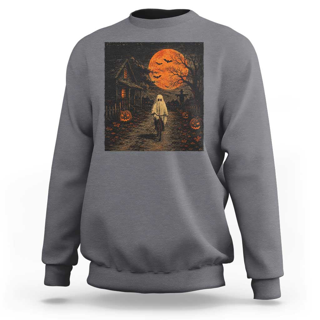 Halloween Spooky Ghost Biking Sweatshirt Vintage Ghost Riding Bicycle Gothic Moonlit Pumpkin Autumn Graphic