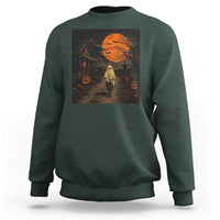 Halloween Spooky Ghost Biking Sweatshirt Vintage Ghost Riding Bicycle Gothic Moonlit Pumpkin Autumn Graphic