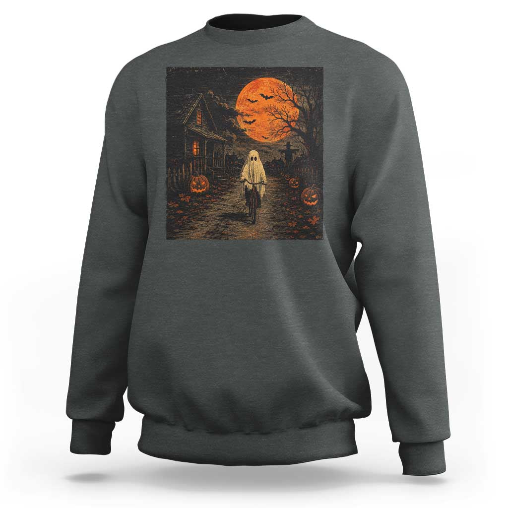 Halloween Spooky Ghost Biking Sweatshirt Vintage Ghost Riding Bicycle Gothic Moonlit Pumpkin Autumn Graphic