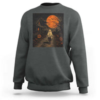 Halloween Spooky Ghost Biking Sweatshirt Vintage Ghost Riding Bicycle Gothic Moonlit Pumpkin Autumn Graphic