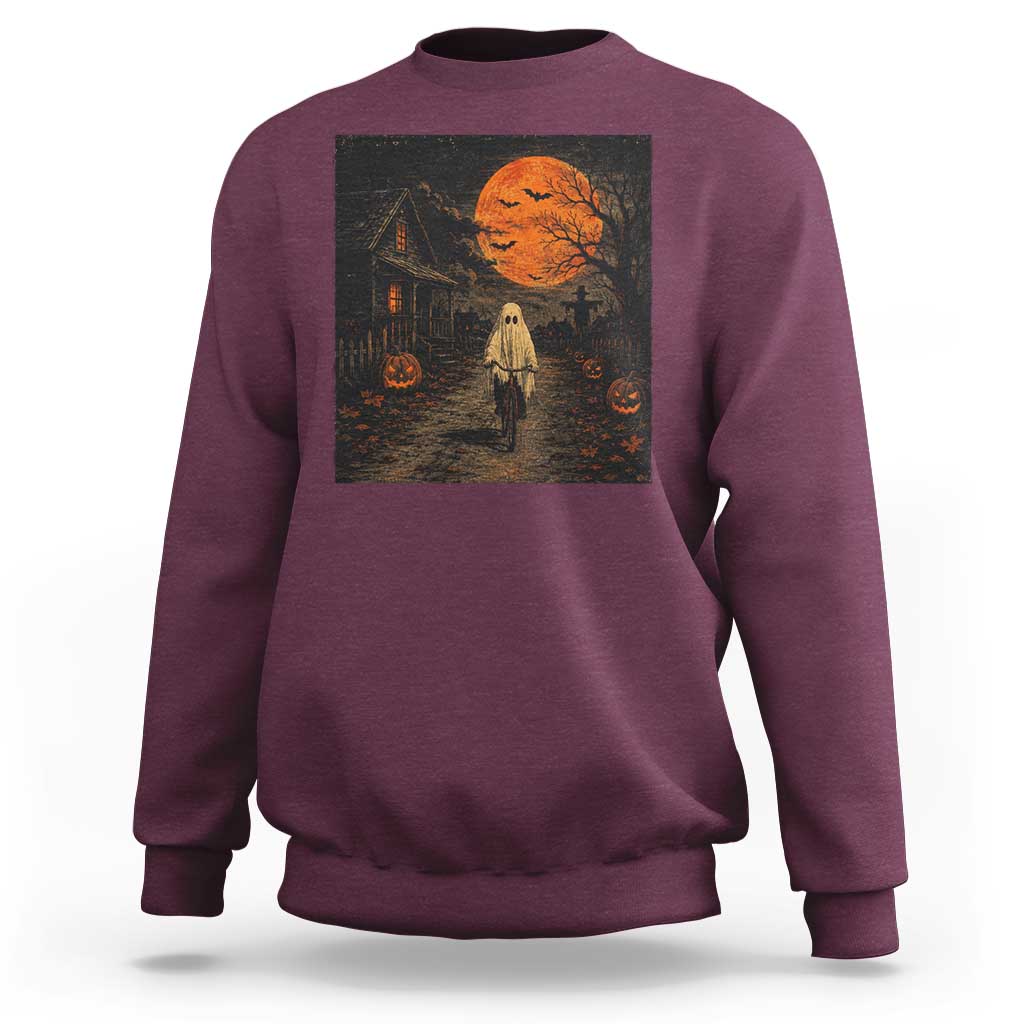 Halloween Spooky Ghost Biking Sweatshirt Vintage Ghost Riding Bicycle Gothic Moonlit Pumpkin Autumn Graphic