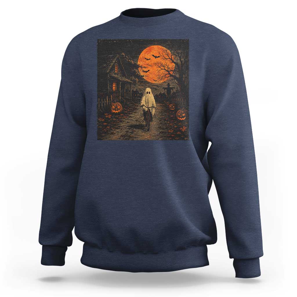 Halloween Spooky Ghost Biking Sweatshirt Vintage Ghost Riding Bicycle Gothic Moonlit Pumpkin Autumn Graphic