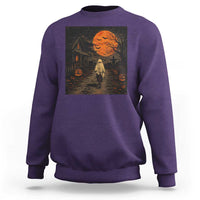 Halloween Spooky Ghost Biking Sweatshirt Vintage Ghost Riding Bicycle Gothic Moonlit Pumpkin Autumn Graphic