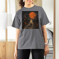 Halloween Spooky Ghost Biking T Shirt For Women Vintage Ghost Riding Bicycle Gothic Moonlit Pumpkin Autumn Graphic
