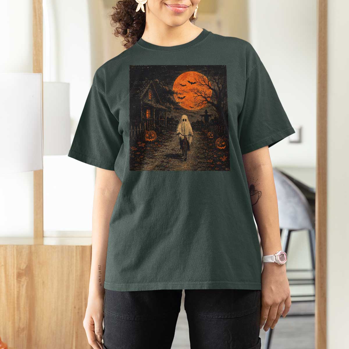 Halloween Spooky Ghost Biking T Shirt For Women Vintage Ghost Riding Bicycle Gothic Moonlit Pumpkin Autumn Graphic