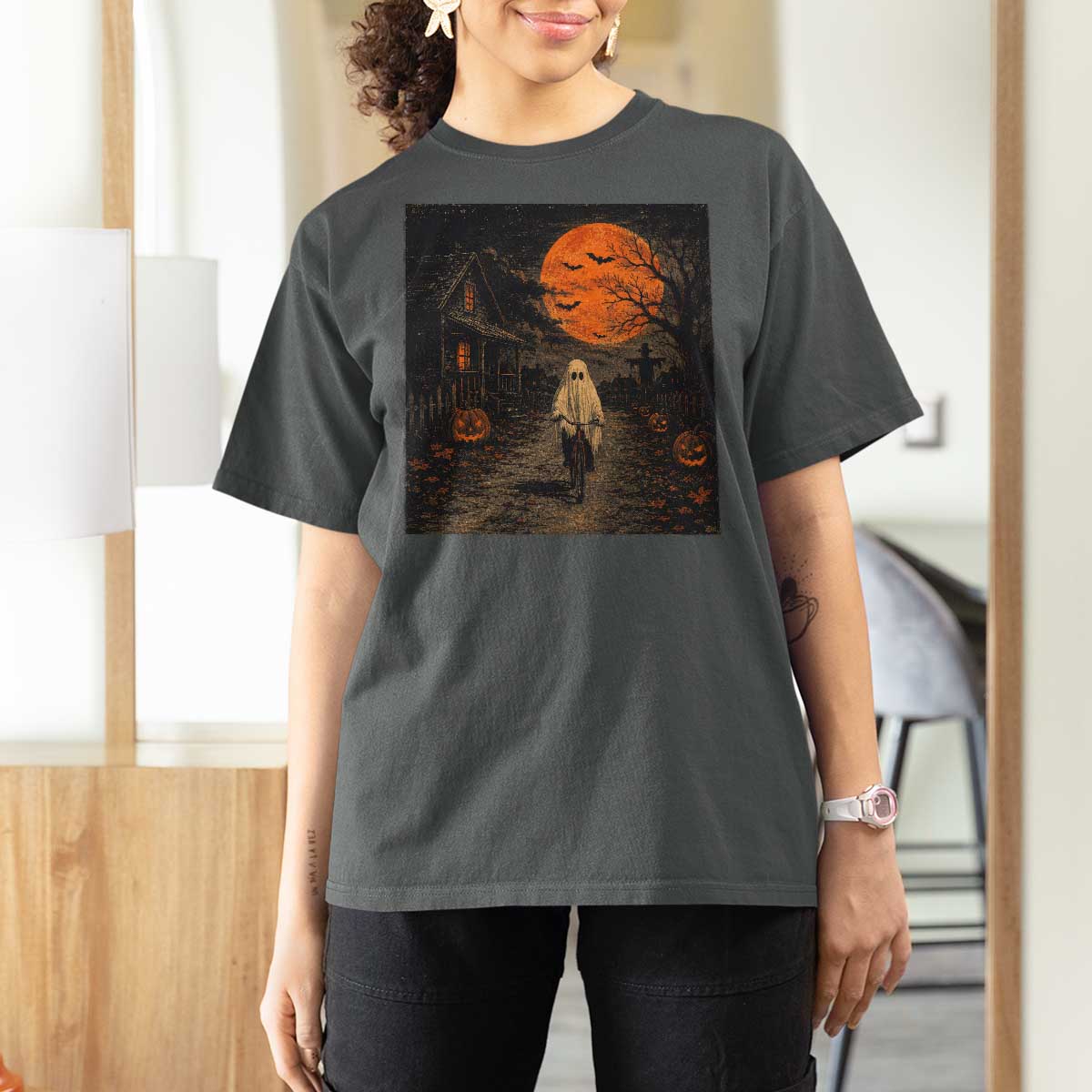 Halloween Spooky Ghost Biking T Shirt For Women Vintage Ghost Riding Bicycle Gothic Moonlit Pumpkin Autumn Graphic