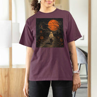 Halloween Spooky Ghost Biking T Shirt For Women Vintage Ghost Riding Bicycle Gothic Moonlit Pumpkin Autumn Graphic