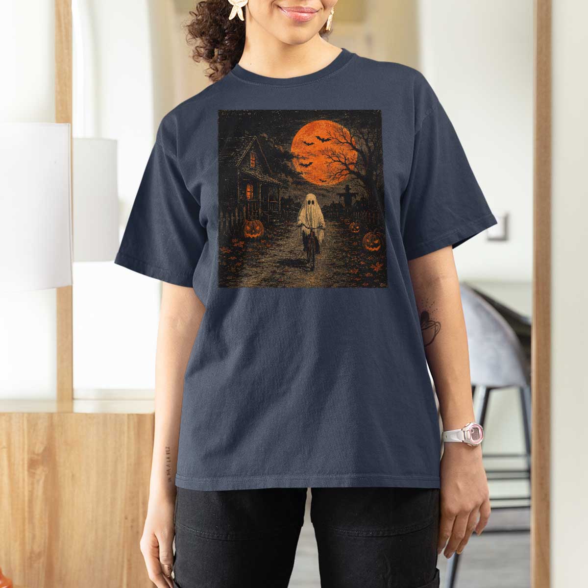 Halloween Spooky Ghost Biking T Shirt For Women Vintage Ghost Riding Bicycle Gothic Moonlit Pumpkin Autumn Graphic