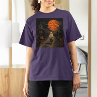 Halloween Spooky Ghost Biking T Shirt For Women Vintage Ghost Riding Bicycle Gothic Moonlit Pumpkin Autumn Graphic