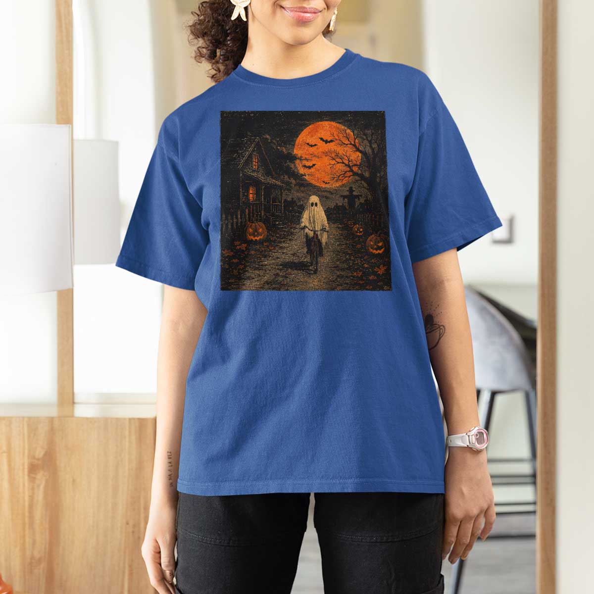 Halloween Spooky Ghost Biking T Shirt For Women Vintage Ghost Riding Bicycle Gothic Moonlit Pumpkin Autumn Graphic