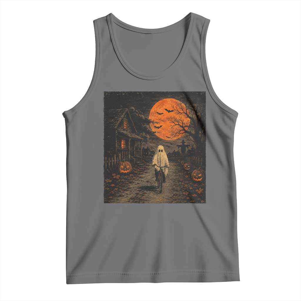 Halloween Spooky Ghost Biking Tank Top Vintage Ghost Riding Bicycle Gothic Moonlit Pumpkin Autumn Graphic