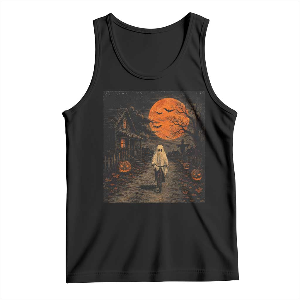 Halloween Spooky Ghost Biking Tank Top Vintage Ghost Riding Bicycle Gothic Moonlit Pumpkin Autumn Graphic