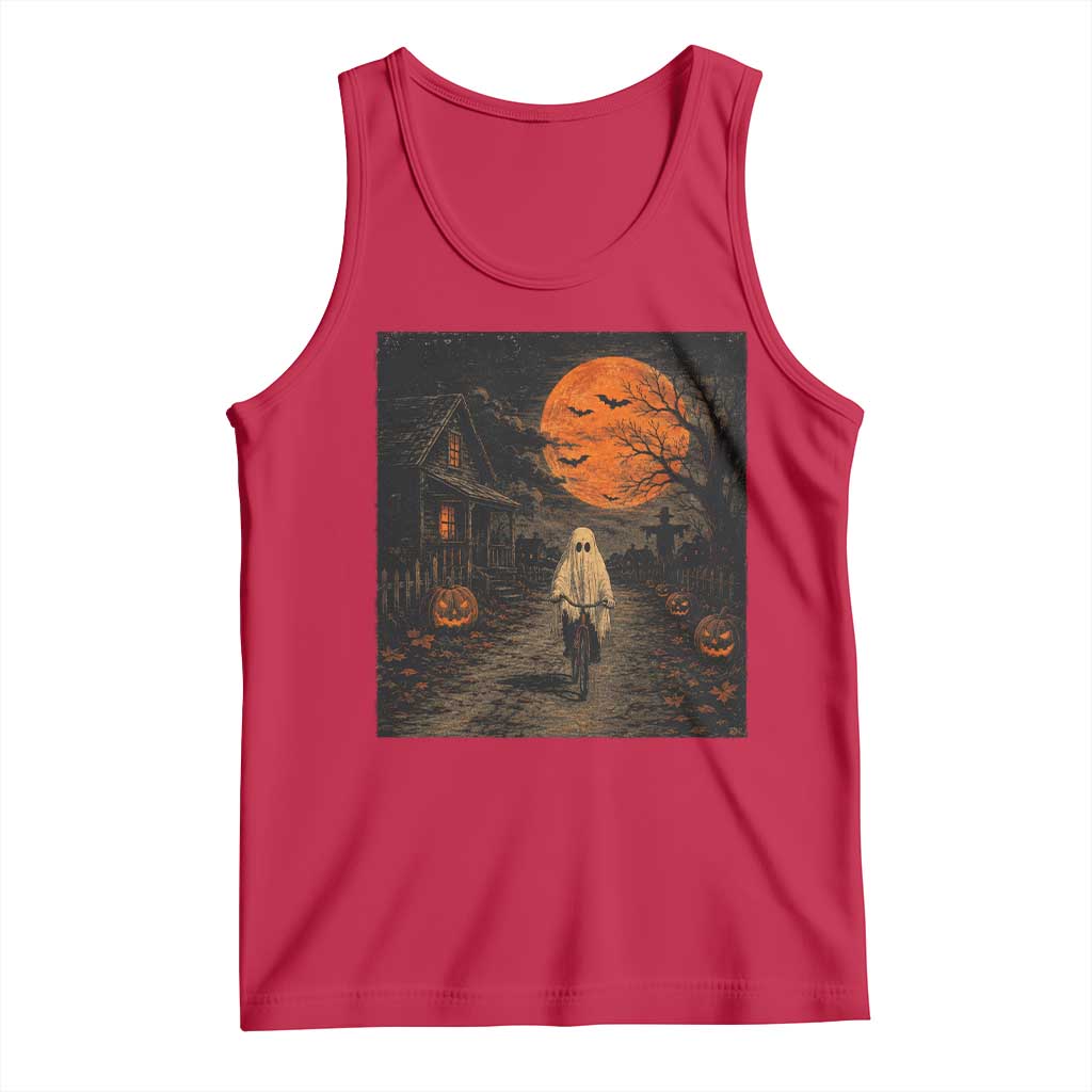 Halloween Spooky Ghost Biking Tank Top Vintage Ghost Riding Bicycle Gothic Moonlit Pumpkin Autumn Graphic