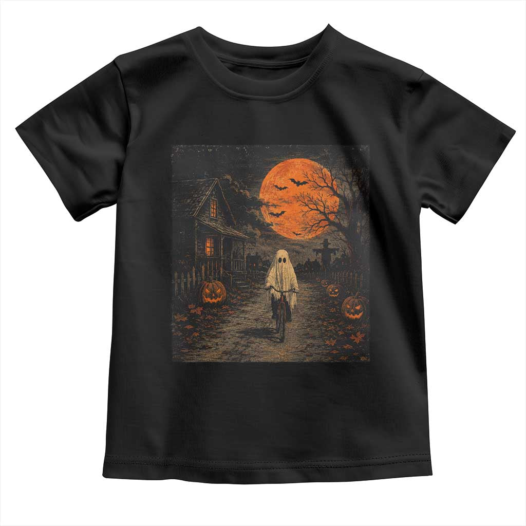 Halloween Spooky Ghost Biking Toddler T Shirt Vintage Ghost Riding Bicycle Gothic Moonlit Pumpkin Autumn Graphic