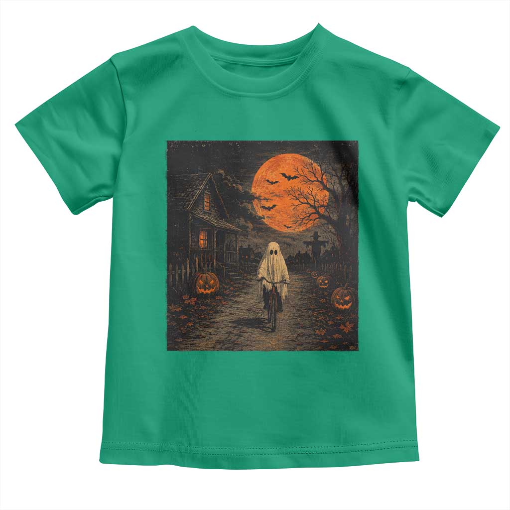 Halloween Spooky Ghost Biking Toddler T Shirt Vintage Ghost Riding Bicycle Gothic Moonlit Pumpkin Autumn Graphic