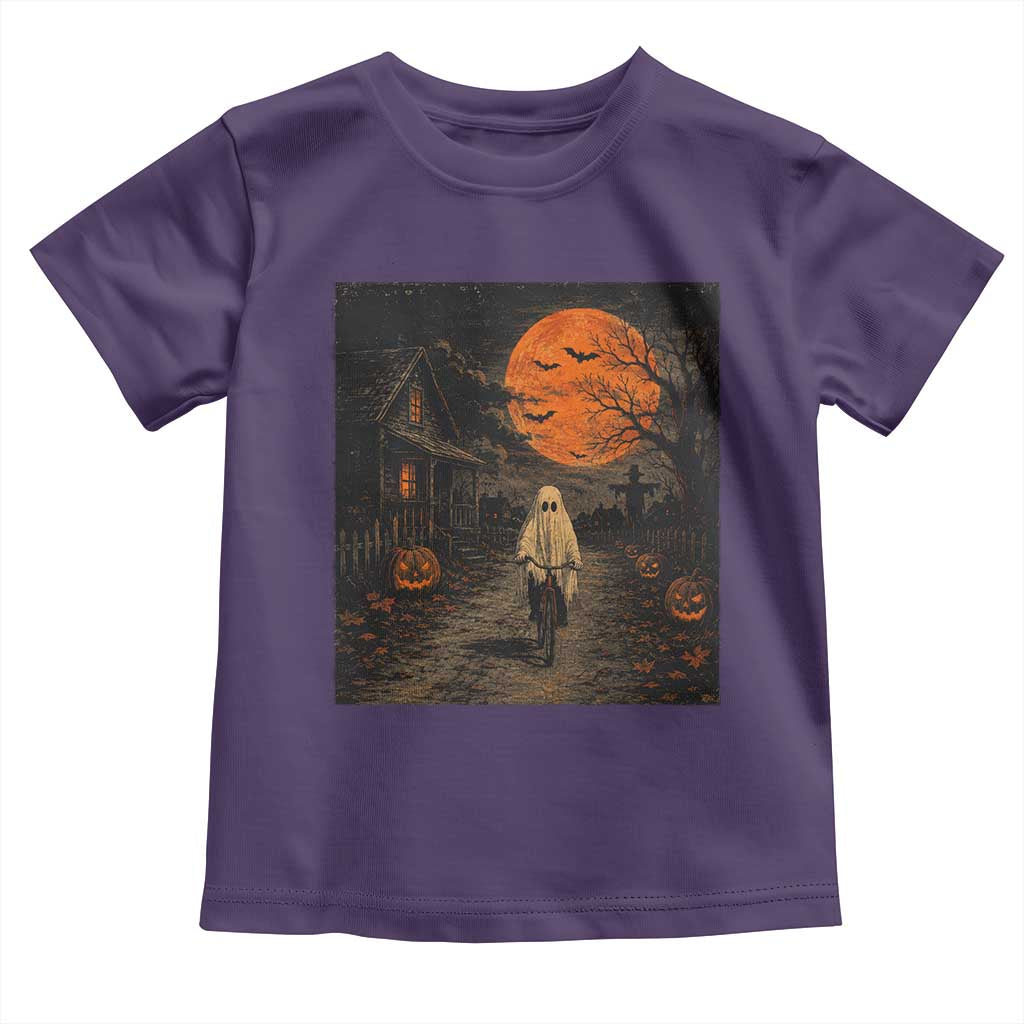 Halloween Spooky Ghost Biking Toddler T Shirt Vintage Ghost Riding Bicycle Gothic Moonlit Pumpkin Autumn Graphic