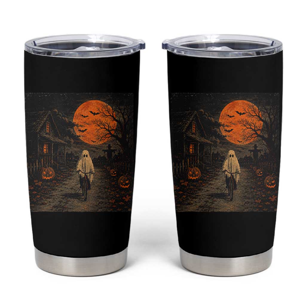 Halloween Spooky Ghost Biking Tumbler Cup Vintage Ghost Riding Bicycle Gothic Moonlit Pumpkin Autumn Graphic