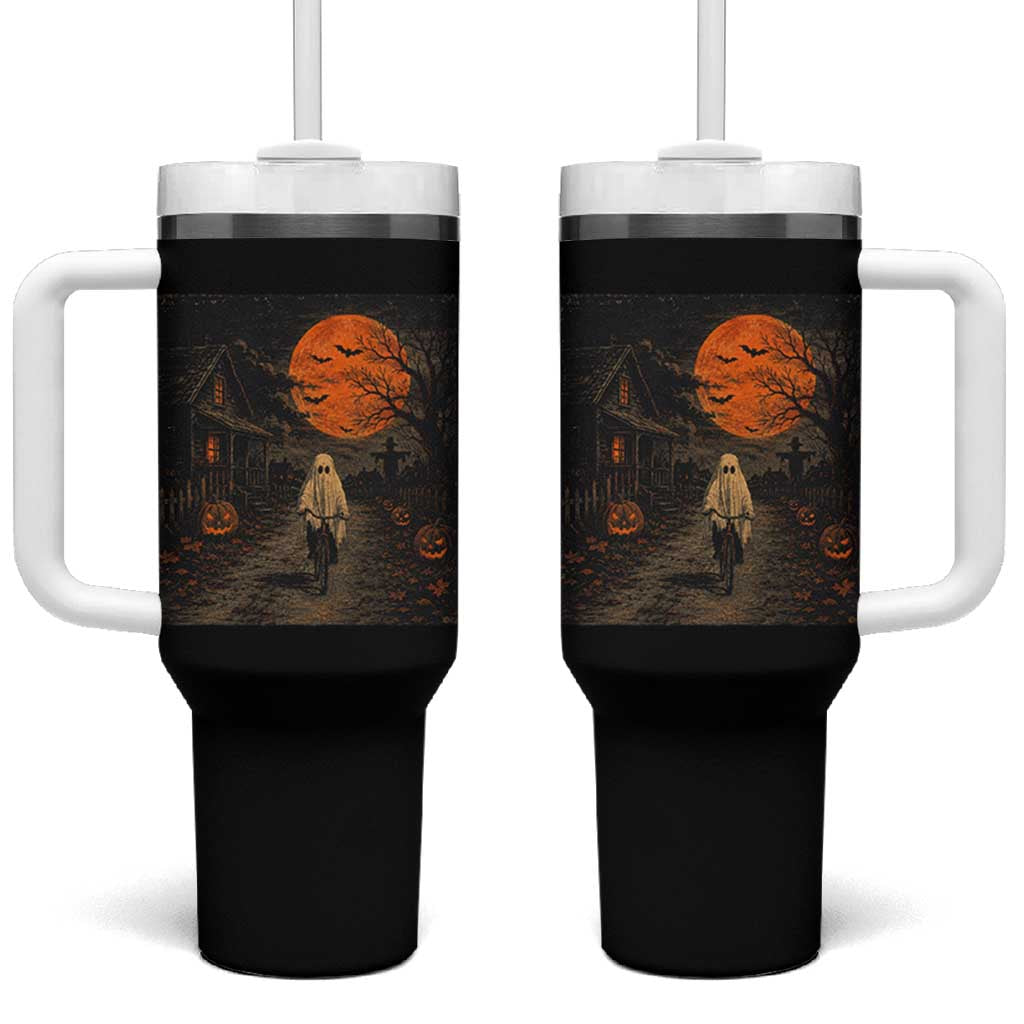 Halloween Spooky Ghost Biking Tumbler With Handle Vintage Ghost Riding Bicycle Gothic Moonlit Pumpkin Autumn Graphic