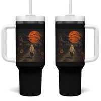 Halloween Spooky Ghost Biking Tumbler With Handle Vintage Ghost Riding Bicycle Gothic Moonlit Pumpkin Autumn Graphic
