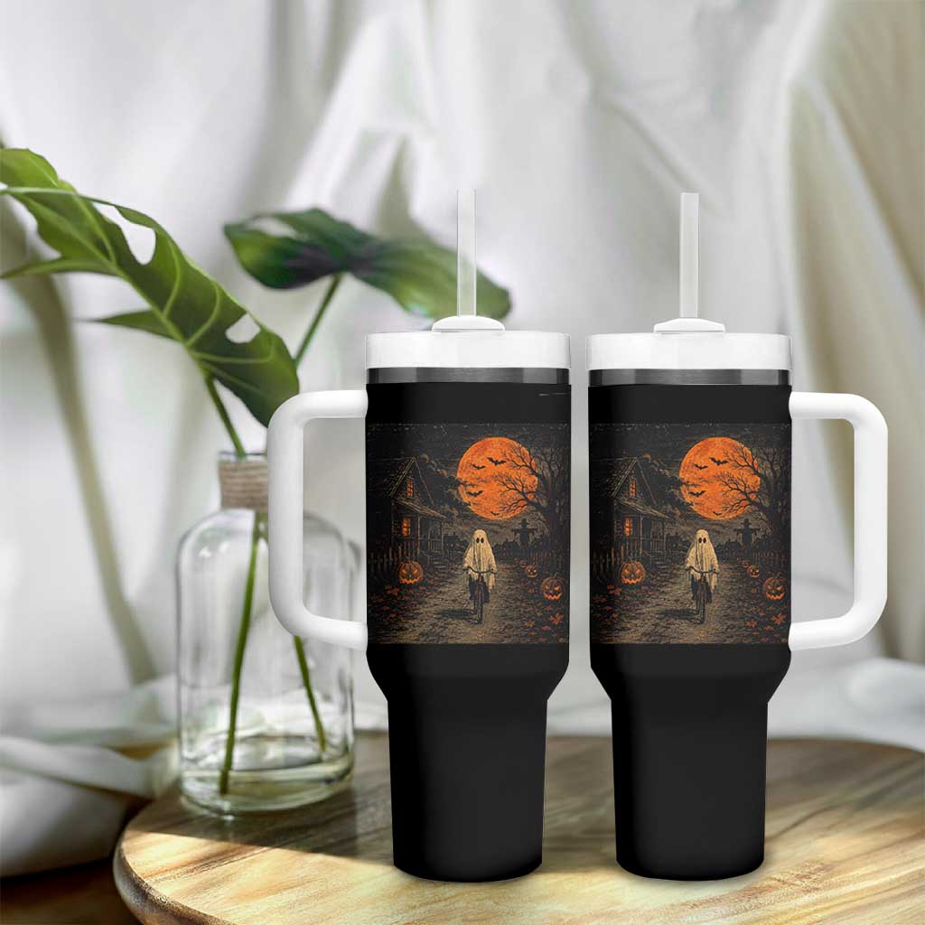 Halloween Spooky Ghost Biking Tumbler With Handle Vintage Ghost Riding Bicycle Gothic Moonlit Pumpkin Autumn Graphic