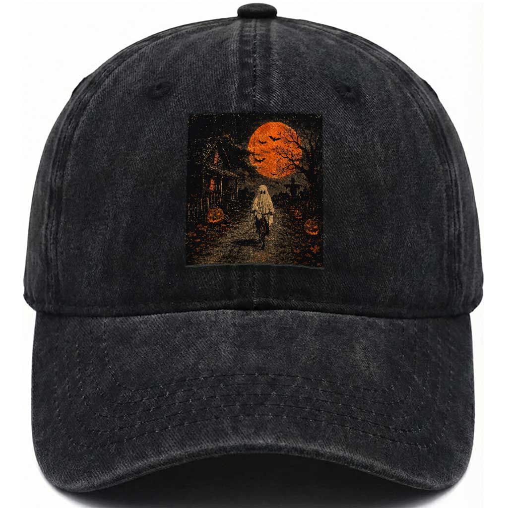 Halloween Spooky Ghost Biking Washed Cotton Baseball Cap Vintage Ghost Riding Bicycle Gothic Moonlit Pumpkin Autumn Graphic