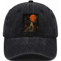 Halloween Spooky Ghost Biking Washed Cotton Baseball Cap Vintage Ghost Riding Bicycle Gothic Moonlit Pumpkin Autumn Graphic