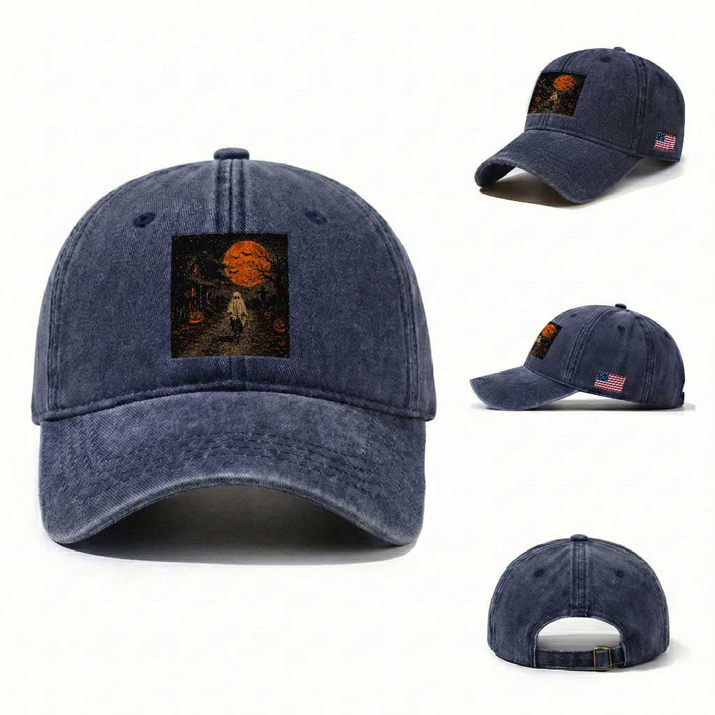 Halloween Spooky Ghost Biking Washed Cotton Baseball Cap Vintage Ghost Riding Bicycle Gothic Moonlit Pumpkin Autumn Graphic