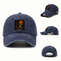 Halloween Spooky Ghost Biking Washed Cotton Baseball Cap Vintage Ghost Riding Bicycle Gothic Moonlit Pumpkin Autumn Graphic