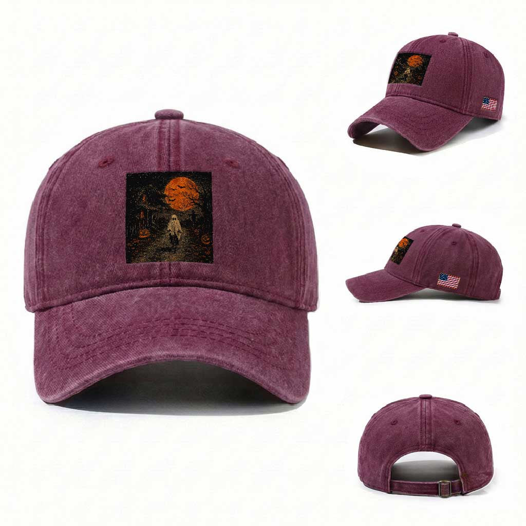Halloween Spooky Ghost Biking Washed Cotton Baseball Cap Vintage Ghost Riding Bicycle Gothic Moonlit Pumpkin Autumn Graphic