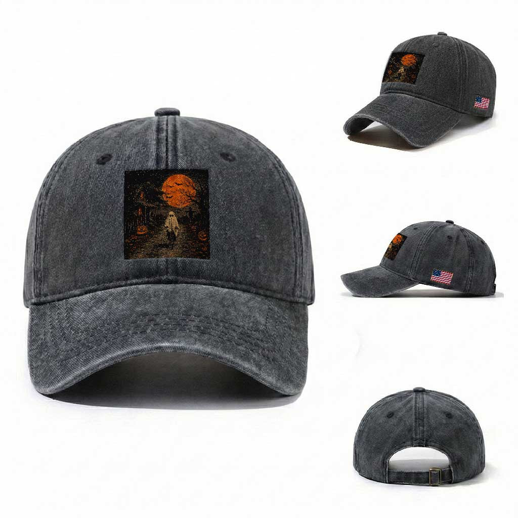 Halloween Spooky Ghost Biking Washed Cotton Baseball Cap Vintage Ghost Riding Bicycle Gothic Moonlit Pumpkin Autumn Graphic