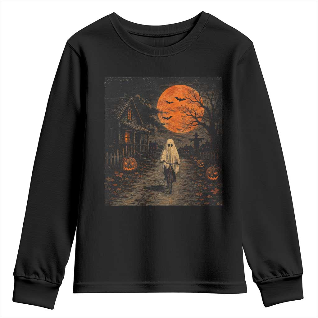 Halloween Spooky Ghost Biking Youth Sweatshirt Vintage Ghost Riding Bicycle Gothic Moonlit Pumpkin Autumn Graphic