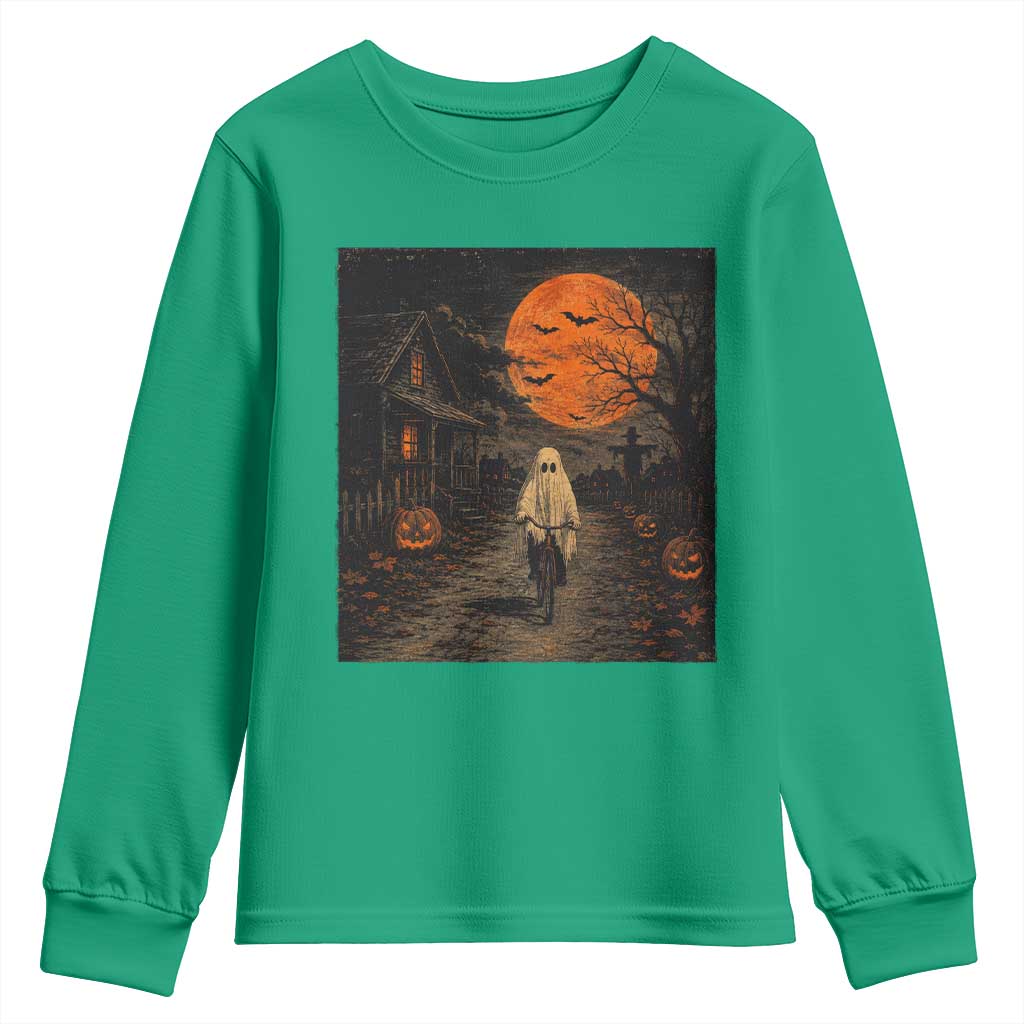 Halloween Spooky Ghost Biking Youth Sweatshirt Vintage Ghost Riding Bicycle Gothic Moonlit Pumpkin Autumn Graphic