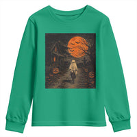 Halloween Spooky Ghost Biking Youth Sweatshirt Vintage Ghost Riding Bicycle Gothic Moonlit Pumpkin Autumn Graphic