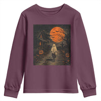 Halloween Spooky Ghost Biking Youth Sweatshirt Vintage Ghost Riding Bicycle Gothic Moonlit Pumpkin Autumn Graphic