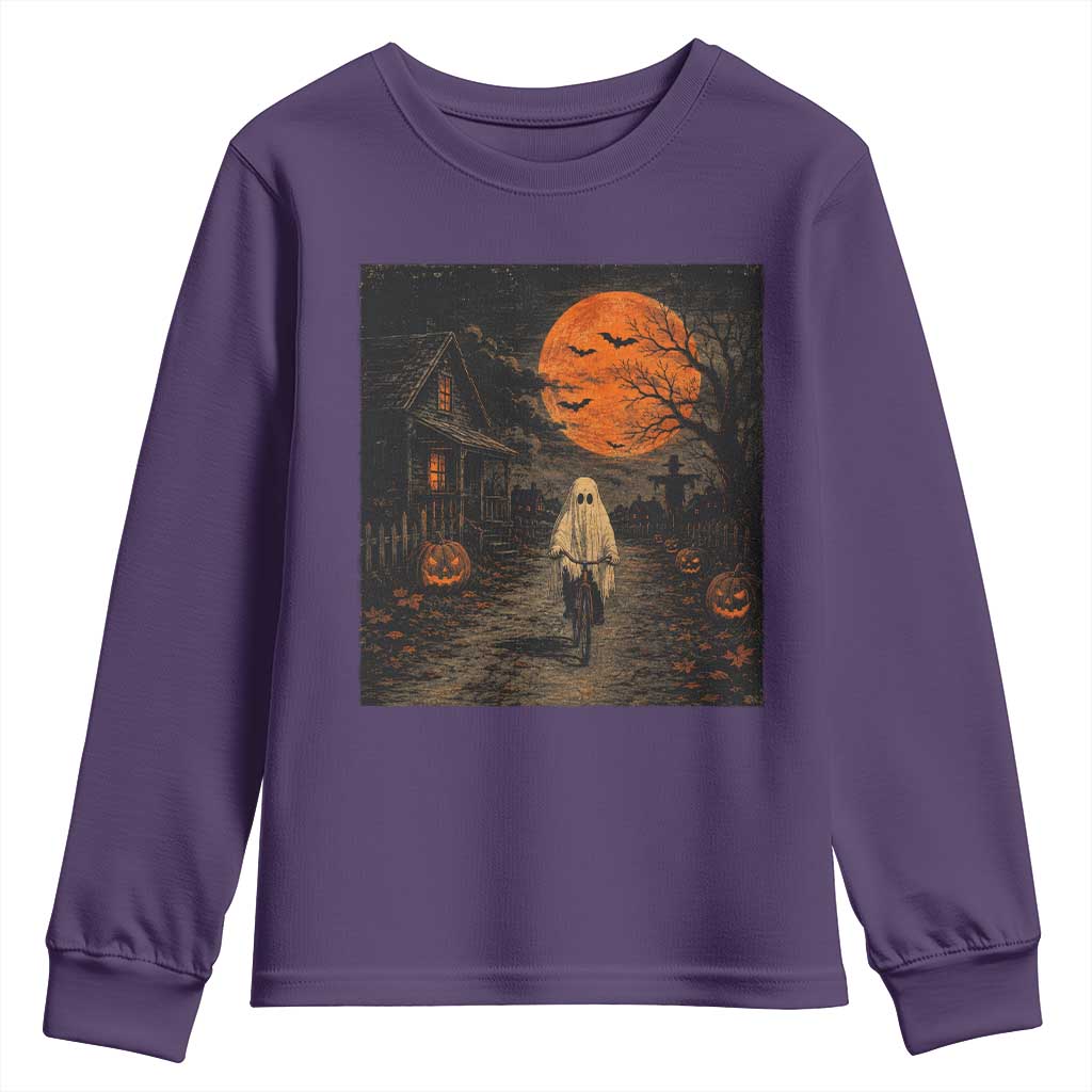 Halloween Spooky Ghost Biking Youth Sweatshirt Vintage Ghost Riding Bicycle Gothic Moonlit Pumpkin Autumn Graphic