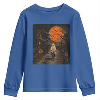 Halloween Spooky Ghost Biking Youth Sweatshirt Vintage Ghost Riding Bicycle Gothic Moonlit Pumpkin Autumn Graphic